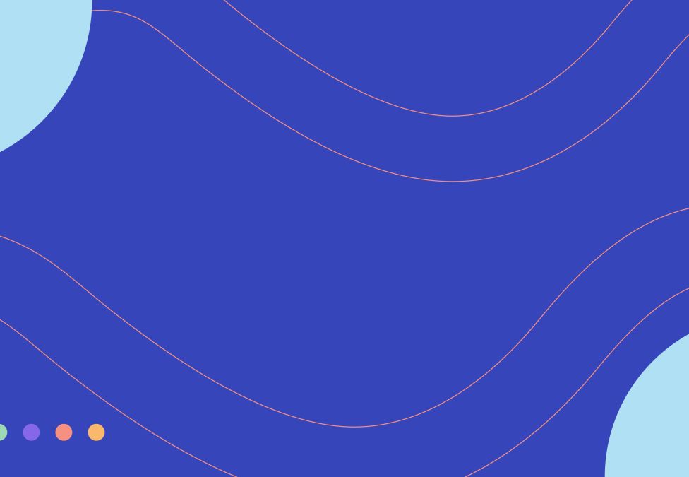 Short version (for decorative/background use):  "Abstract blue background with flowing wavy lines and light blue circular shapes in the corners, with a row of five colorful dots in the lower left.